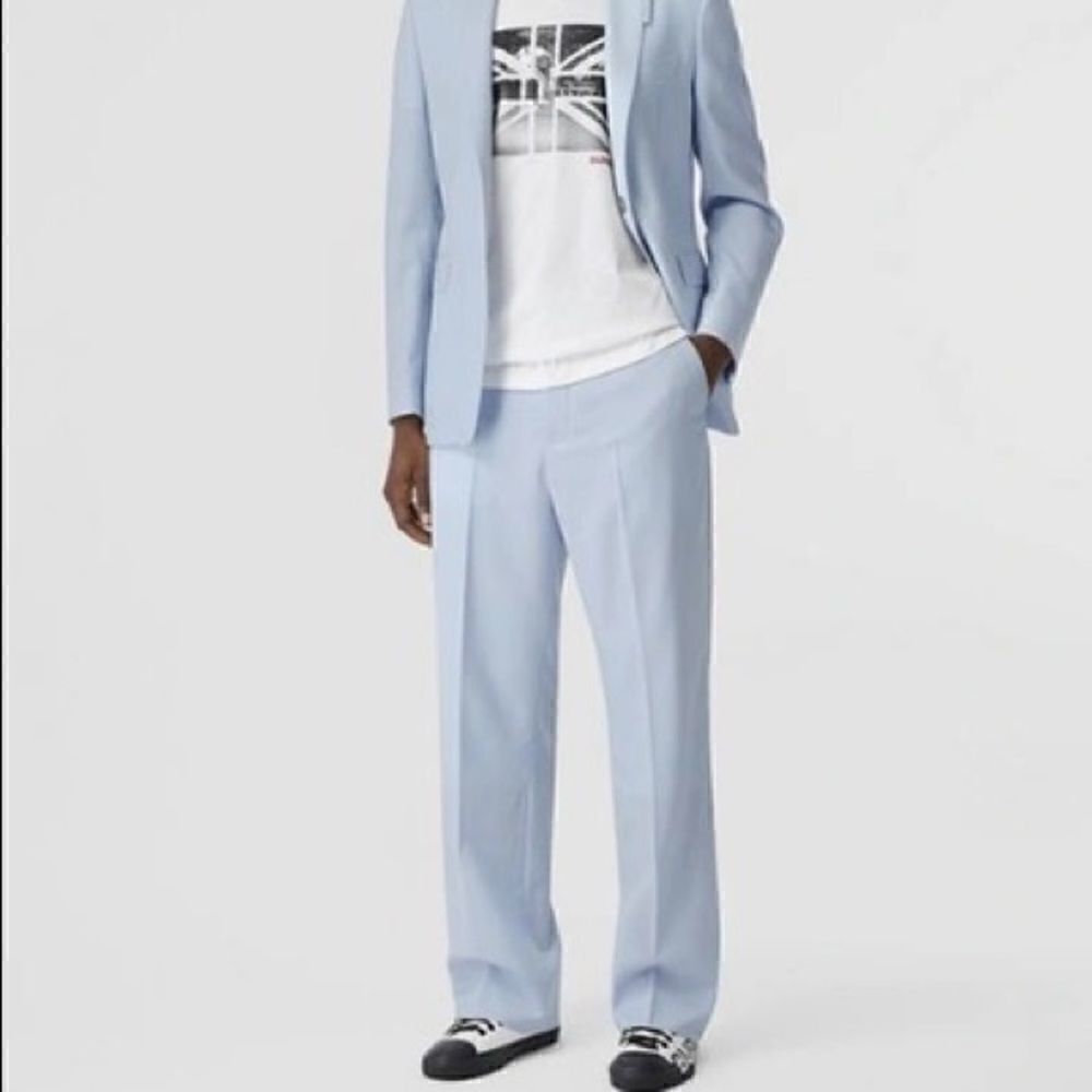 Burberry TUMBLED WOOL WIDE-LEG TROUSERS IN PALE BLUE, NWT
